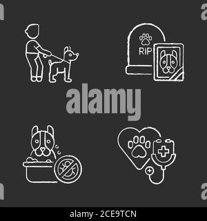 Pet treatment services chalk white icons set on black background Stock Vector