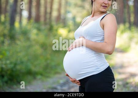 Unrecognizable pregnant woman outdoors in nature, touching her belly. Stock Photo