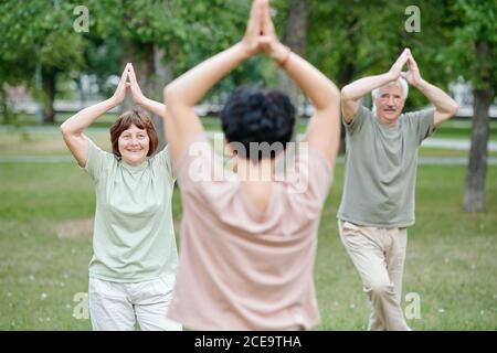 Senior couple looking at coach and doing balance exercise with raised arms above heads in park Stock Photo