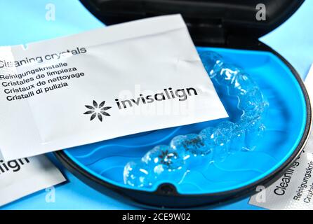 Montreal, Canada - August 28, 2020: Align aligners with cleaning crystals in box. Invisalign are plastic clear aligners know as invisible orthodontics Stock Photo