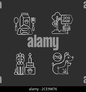 Dog care services chalk white icons set on black background Stock Vector