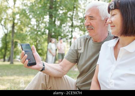 Modern senior man with mustache analyzing day activity with wife using mobile app in park Stock Photo
