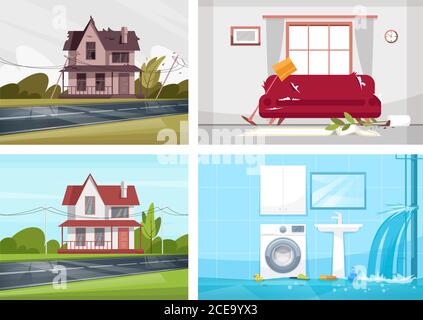 Usual household incidents semi flat vector illustration set Stock Vector