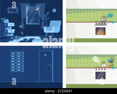 Homeplace accidents semi flat vector illustration set Stock Vector