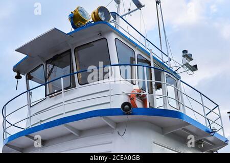 pilot bridge of a small river tugboat, outside view Stock Photo