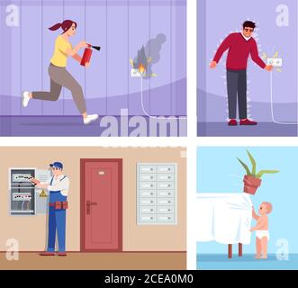 Household incidents semi flat vector illustration set Stock Vector