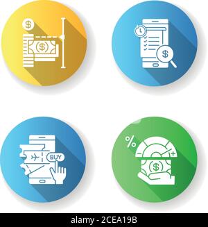 E banking service flat design long shadow glyph icons set Stock Vector