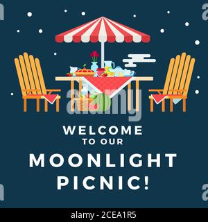 Illustration of a picnic under the moonlight vector flat icon isolated Stock Vector