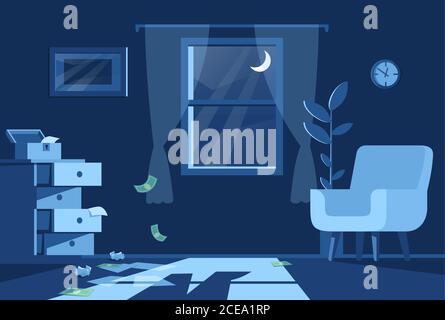 Living room night view semi flat vector illustration Stock Vector