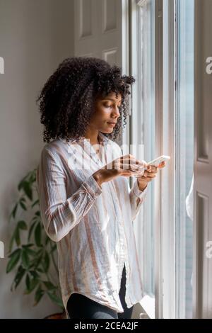 Young Woman standing at window and browsing smartphone Stock Photo