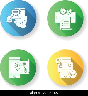 Mobile bank service app flat design long shadow glyph icons set. ATMs map. Email alert. Paperless statements. Check balances. Silhouette RGB color ill Stock Vector