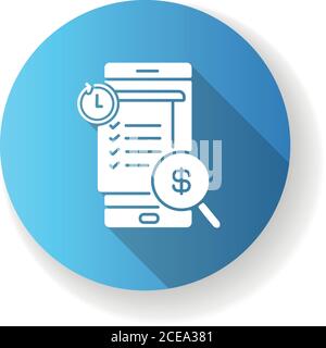 Transaction history blue flat design long shadow glyph icon. E wallet application. Mobile banking app using. E payment bill checking. Payments report. Stock Vector