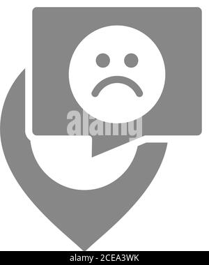 Person with speech bubble and sad face gray icon. Feedback