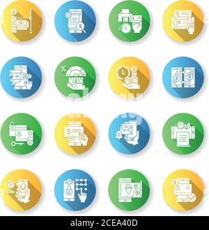 Mobile banking service flat design long shadow glyph icons set. E wallet personal account management. E payment transactions. Transfer funds. Silhouet Stock Vector