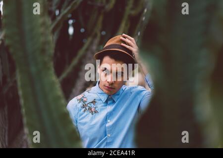 Thoughtful young handsome man at cactus Stock Photo