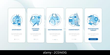 Skin cancer treatment onboarding mobile app page screen with concepts. Photodynamic therapy. Walkthrough 5 steps graphic instructions. UI vector templ Stock Vector