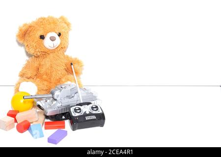 Toy tools and cubes on a light background. Toy for children Stock Photo