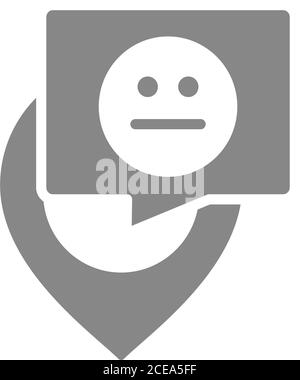 Location mark with speech bubble and neutral face gray icon. Customer unsatisfaction symbol. Stock Vector