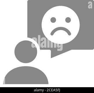 Person with speech bubble and sad face gray icon. Feedback, negative comment symbol. Stock Vector