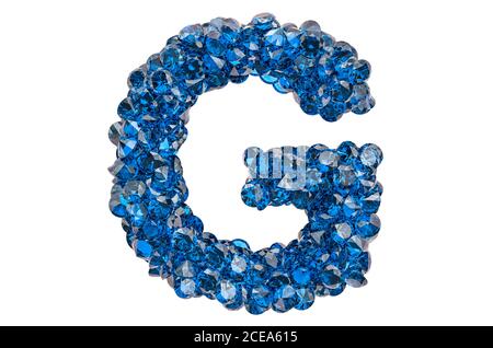 Letter G from blue diamonds or sapphires with brilliant cut. 3D rendering isolated on white background Stock Photo