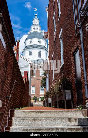 Bug eye view of Maryland State house (State Capitol) building in Annapolis. image features the iconic tower with Maryland flag on it. image was taken Stock Photo