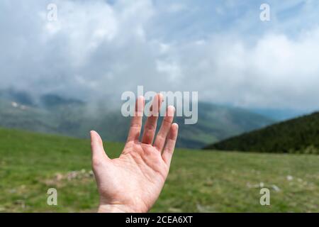 Crop hand with tiny ladybird on finger on background of green summer landscape with mountains in clouds Stock Photo