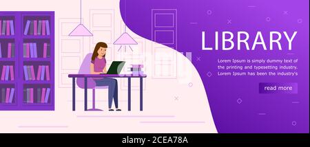 Landing page template. Young Woman Sitting in Library and learning. against the background of the library room with bookcases. Vector illustration in modern flat design. Stock Vector