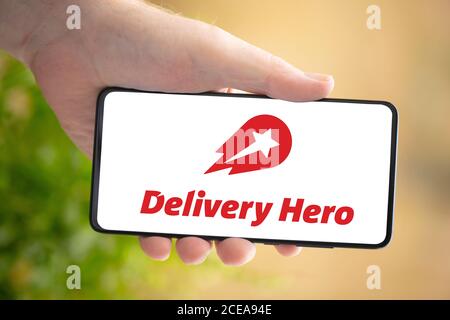 WETZLAR, GERMANY 2020-08-26 In this photo illustration an DELIVERY HERO Logo seen displayed on a smartphone. Stock Photo