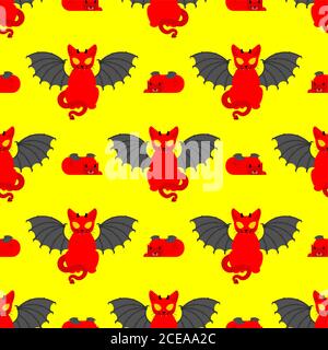 Devil cat pattern seamless. Satan pet background. Red demon animal texture. vector ornament Stock Vector