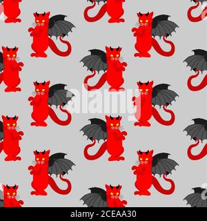 Devil cat pattern seamless. Satan pet background. Red demon animal texture. vector ornament Stock Vector