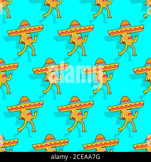 Cartoon taco in sombrero pattern seamless.  Mexican fast food in hat background. tacos texture Stock Vector