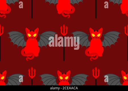 Devil cat pattern seamless. Satan pet background. Red demon animal texture. vector ornament Stock Vector