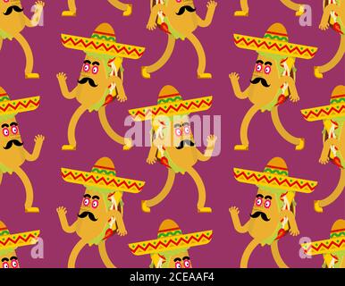 Cartoon taco in sombrero pattern seamless.  Mexican fast food in hat background. tacos texture Stock Vector