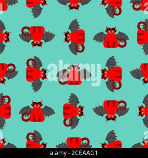 Devil cat pattern seamless. Satan pet background. Red demon animal texture. vector ornament Stock Vector