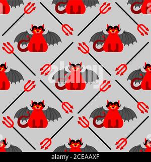 Devil cat pattern seamless. Satan pet background. Red demon animal texture. vector ornament Stock Vector