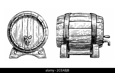 Wooden barrel with faucet sketch. Hand drawn vintage illustration Stock Photo