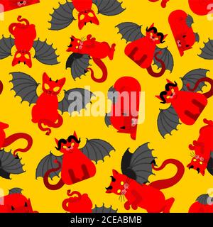 Devil cat pattern seamless. Satan pet background. Red demon animal texture. vector ornament Stock Vector