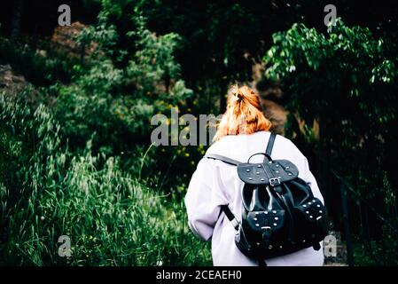 Young Woman with backpack going in forest Stock Photo