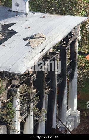 Austin, TX June 8, 2008: An early-morning four-alarm fire guts the Texas Governor's Mansion in downtown Austin as over 100 firefighters battled to save the 152-year old structure. The building was undergoing renovation and all the antique furnishings were in storage. Officials suspect that the fire was the work of an arsonist. ©Bob Daemmrich Stock Photo