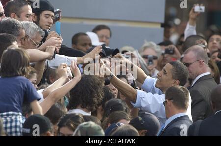 San Antonio, TX  February 19, 2008:  Democratic presidential hopeful Barack Obama greets a predominately Mexican-American crowd outdoors at Plaza Guadalupe on San Antonio's west side. A crowd of about 2,500 heard him speak about his aspirations if he becomes President. ©Bob Daemmrich Stock Photo