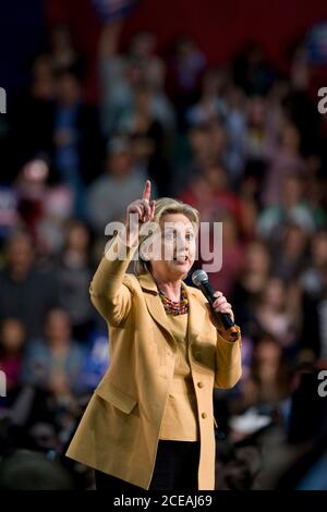 San Antonio, Texas, Feb. 13, 2008: Senator Hillary Clinton campaigns to be the Democratic presidential candidate before an enthusiastic crowd of 5,000 supporters at St. Mary's University. ©Bob Daemmrich Stock Photo