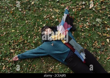 From above of brunette in sweater and colorful scarf lying on meadow with hands apart in autumn looking dreamily up Stock Photo
