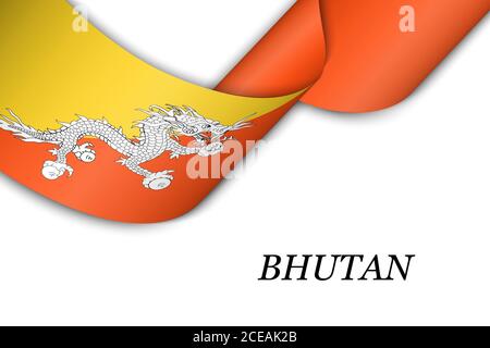 Waving ribbon or banner with flag of Bhutan Stock Vector