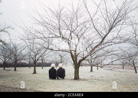 Blond ladies in same cloths sitting under tree in park Stock Photo