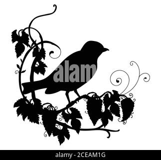 Vector template cute birdie and flowers. Black silhouette illustration isolated on white. For wedding invitation, design, print, t shirt, home decor, Stock Vector