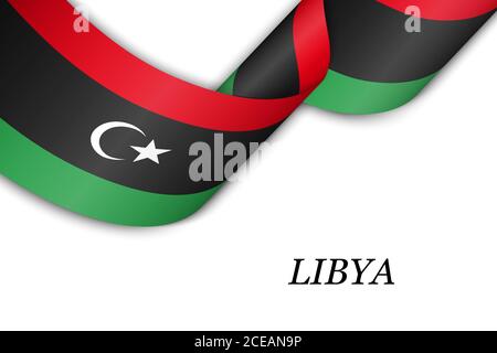 Waving ribbon or banner with flag of Libya. Stock Vector
