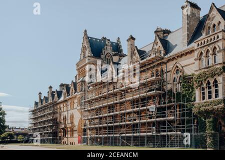 Oxford, UK - August 04, 2020: Scaffolding over the exterior of the Meadow Building, Christ Church College one the historic colleges of famous Oxford U