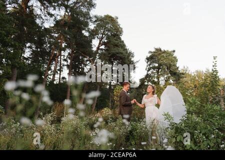 Happy young newlywed man and Woman holding hands and posing in nature Stock Photo