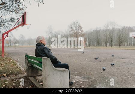 Senior man in leather jacket sitting on bench near sports ground in park and looking at pigeons Stock Photo