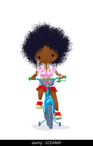 Little girl riding bicycle over white background Stock Photo